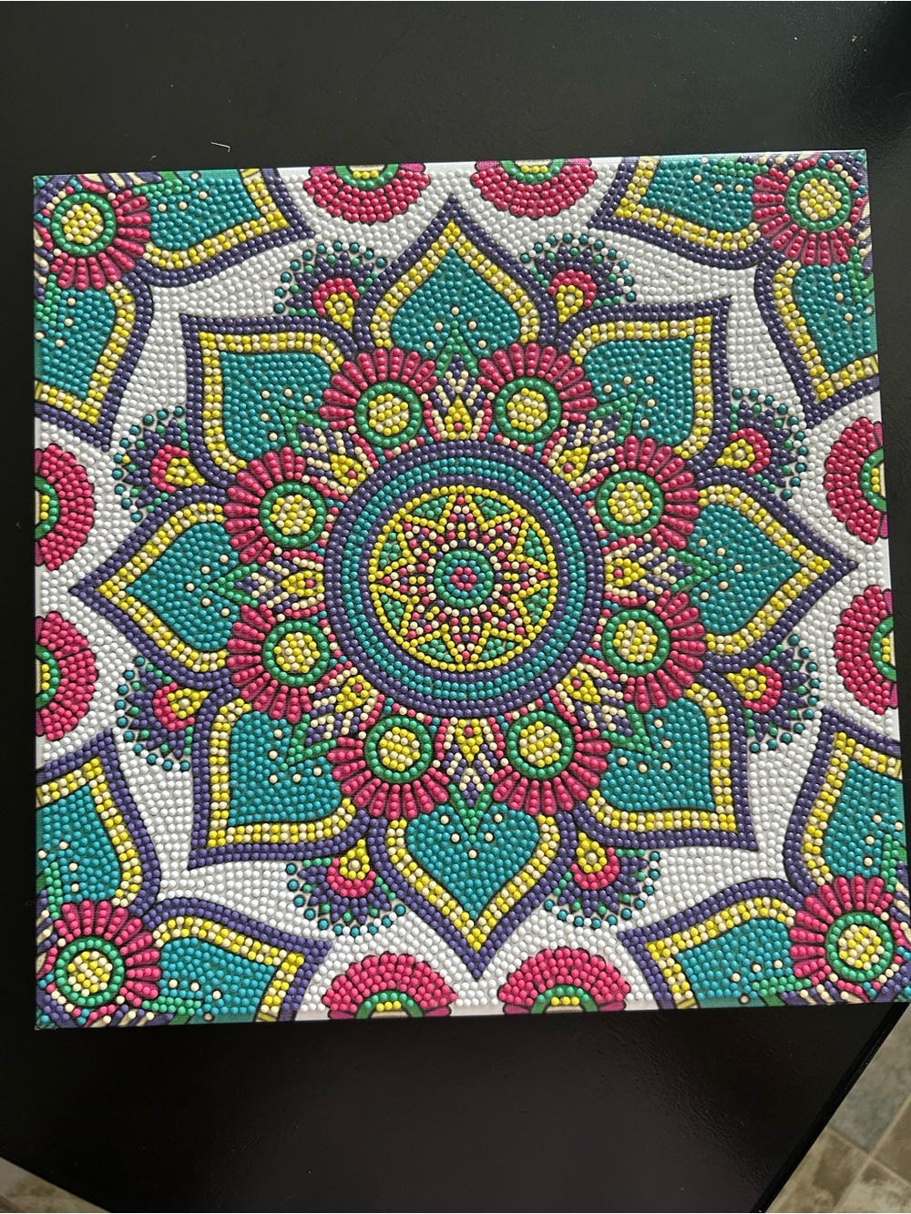 Completed sealed and ready to hang Teal, Pink & Yellow Mandala Dot Art Canvas